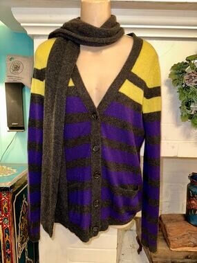 VINTAGE Y2K VKOO STRIPED CASHMERE CARDIGAN SWEATER W/ ATTACHED SCARF S